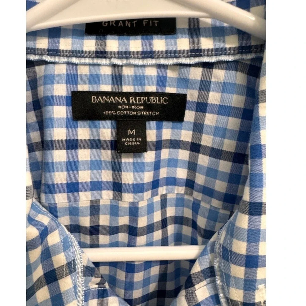 Banana‎ Republic Shirt Mens Medium Grant Fit Blue Gingham Check Stretch Dress